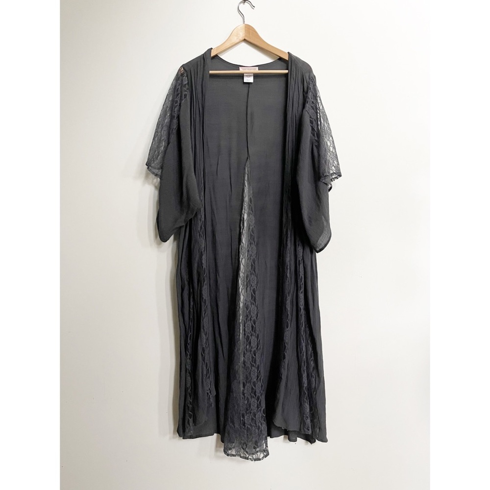Long maxi robe steal blue grey with lace insets; poly rayon nylon